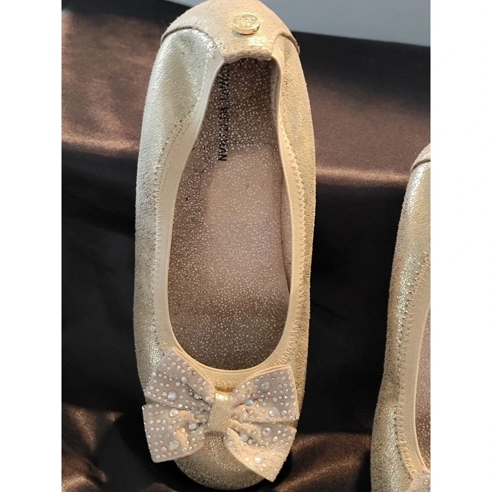 Stuart Weitzman Girls Gold Metallic Rhinestone Bow Ballet Flats Fanre Jewel 3